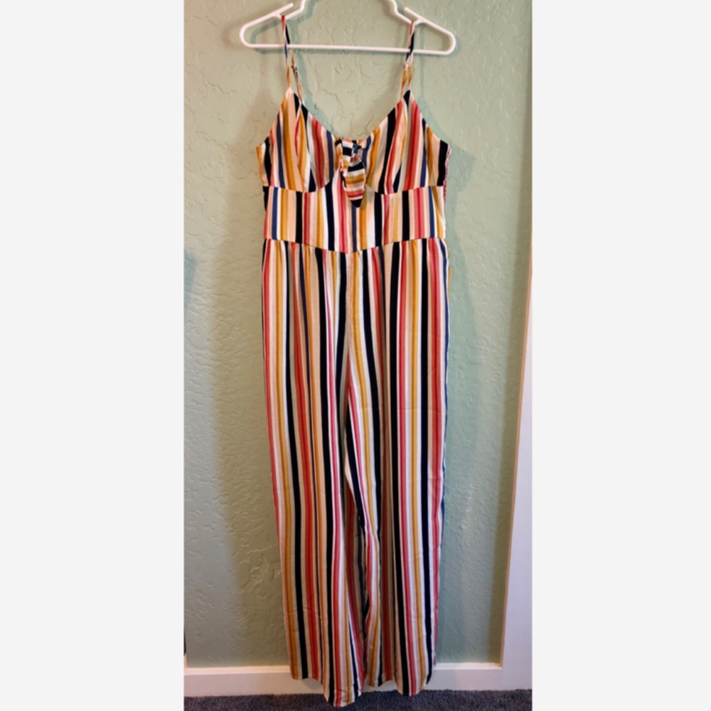 Xhileration Multi-Color Striped Tie Front Jumpsuit